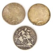 1891 Queen Victoria Jubilee head crown, together with two USA Liberty / peace dollars for 1922 and