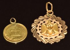 An 18ct gold pendant depicting an eagle (3.7g, 2.5cm) and gold coin with pendant loop (2.6g, 1.7g)