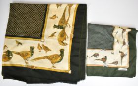 Two scarves, both with pheasant design, one by Laura Borghese