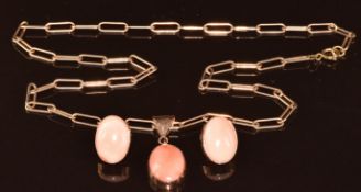 A 9ct rose gold chain made up of elongated links, pair of 9k gold earrings each set with a coral
