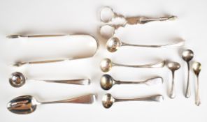 Mainly Georgian and Victorian hallmarked silver cutlery to include fiddle and thread pattern sugar