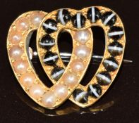 Victorian brooch in the form of two linked hearts set with split pearls and banded agate, 3.8g, 1.
