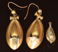 A pair of yellow metal Victorian earrings (damaged) and another odd one, 8.5g