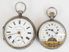 Two silver open faced pocket watches Hebdomas style keyless winding open faced with visible