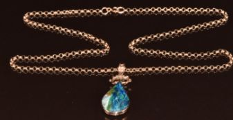 A 9ct rose gold pendant set with agate, verso azurite, on 9ct rose gold chain, 12.4g, 3.8cm & 52cm