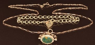 A 9ct gold swivel fob, 9ct gold chain and 9ct gold bracelet with heart padlock clasp, 13.2g
