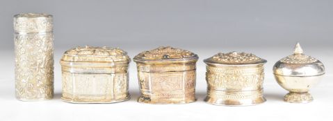 Five Chinese, Burmese or similar silver trinket pots, the tallest having Chinese or similar