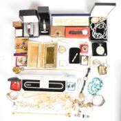 A collection of costume jewellery including vintage brooches, faux pearls, Sekonda pocket watch,