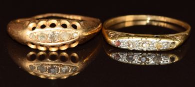 Two 18ct gold rings set with diamonds (one has a diamond missing and very worn), 4.2g, size M & O