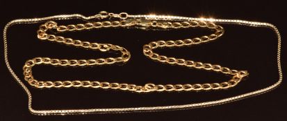 Two 9ct gold chains, one curb link the other made up of rectangular links, 10.6g, 38 & 45cm