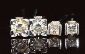 Two pairs of 9k white gold earrings, one pair set with princess cut diamonds each approximately 0.