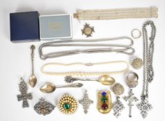 A collection of jewellery including white metal and paste brooch, white metal and amethyst ring,