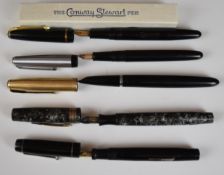 Five fountain pens including Conway Stewart 150 in original box, Golden Platignum, The Unique and