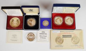 Eight silver coins comprising Royal Mint 1994 Armenia proof 25 Drams coin, Franklin Mint