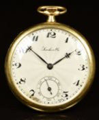 Jackville Art Deco gold plated keyless winding open faced pocket watch with subsidiary seconds dial,