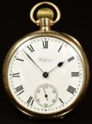Waltham 9ct gold keyless winding open faced pocket watch with inset subsidiary seconds dial, blued