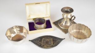 Two Burmese or similar silver bowls, Continental silver chamber stick, cased hallmarked silver