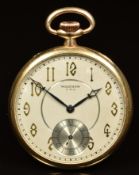 Waltham Art Deco 9ct gold gold keyless winding open faced pocket watch with subsidiary seconds dial,