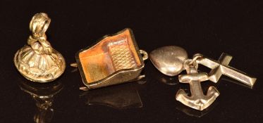 A 9ct gold 'love, faith & hope' charm / pendant (1g), a yellow metal sledge charm marked 800 (1.