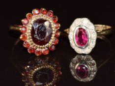Two 9ct gold rings, one set with garnets and the other synthetic stones, 6.6g, size J & K