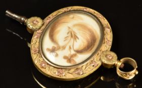 Georgian/ Victorian bi-colour gilt metal and hairwork mourning pocket watch key with embossed and