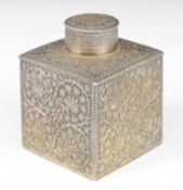 Indian, Kutch, Burmese or similar silver tea caddy with embossed decoration, height 10cm, weight