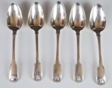 Set of five Georgian hallmarked silver fiddle thread and shell pattern table spoons, London 1821 and