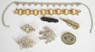 Art Deco white metal brooch set with paste, diamanté necklace and brooches, cameo bracelet, jet