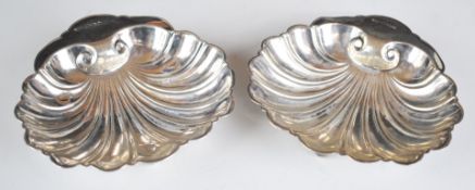 Pair of Victorian hallmarked silver shell shaped butter dishes, Sheffield 1897, maker Bellamy &