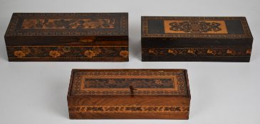 Three 19thC Tunbridgeware glove boxes, largest W27 x D10 x H7cm