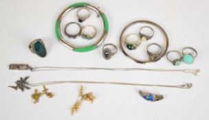 Ten silver rings, two silver bangles, Charles Horner brooch, two necklaces, 9ct gold love, faith and