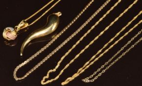 Five 9ct gold chains and two 9ct gold pendants, one in the form of a chilli and the other a tri-