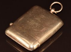 A 9ct gold vesta and double sovereign case, Chester 1909, 75.4g, 6.5 x 5.2cm