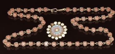 A beaded c1920 saphiret necklace made up of faceted beads (54cm) and a saphiret flower button (2.