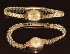 Two ladies 9ct gold ladies wristwatches Everite and Accurist each with gold hands, silver dial and