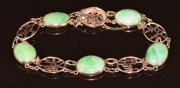 A 9k rose gold Chinese bracelet set with jadeite cabochons, 10.8g, 18cm