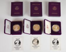 Three American proof one ounce silver Liberty dollar coins comprising 1989, 1990 and 1991, all in