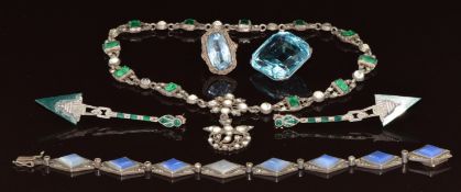 Victorian necklace set with foiled paste, Art Deco silver bracelet set with blue agate and