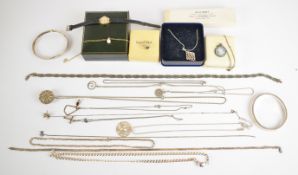 A 9ct gold cased watch, 9ct gold chain and pearl pendant (1.3g) and silver jewellery including