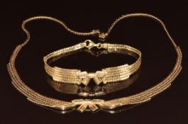Italian 9ct gold necklace and matching bracelet with bow decoration, 21.4g, 40 & 18cm
