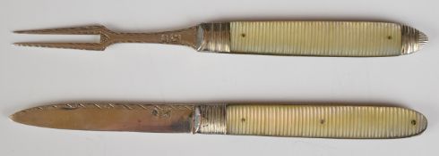 Georgian or William IV hallmarked silver and mother of pearl folding campaign knife and fork, both