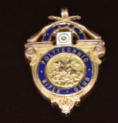 A 9ct gold medallion for 'Polytechnic Rifle Club 1908' with enamel decoration, engraved verso '