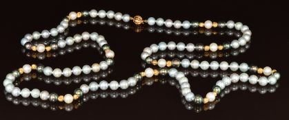 A single strand of cultured pearls and 18k gold beads, with 18k gold clasp, 51.6g, 44cm