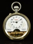 Hebdomas style keyless winding open faced pocket watch with visible escapement, blued hands,