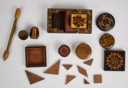 19thC small Tunbridgeware collectables including a pocket watch holder, pin cushion, thimble case,