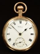 Waltham 9ct gold keyless winding open faced pocket watch with inset subsidiary seconds dial, blued