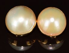 A pair of 18k gold earrings set with Mabe pearls measuring approximately 16mm, 11.4g