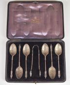 Mappin & Webb cased set of Edward VII hallmarked silver apostle spoons and tongs with lace style