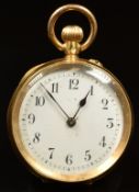 Unnamed 18ct gold keyless winding open faced pocket watch with blued hands, black Arabic numerals,