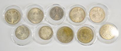 Seven German silver coins comprising five 1972 Munich Olympics 10 Deutsche Mark and 1974 and 1975
